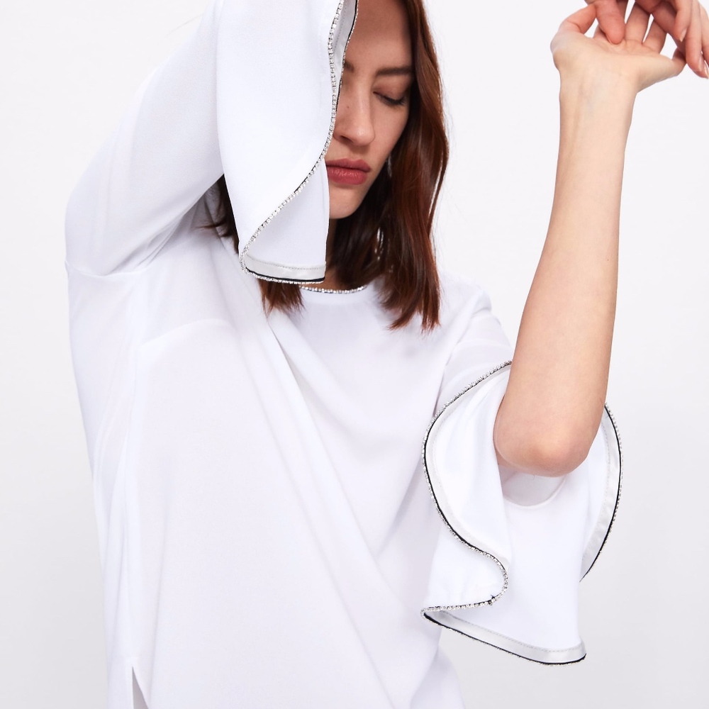 Zara Shiny Jewel Trim Top w/ Ruffled Bellow Sleeve